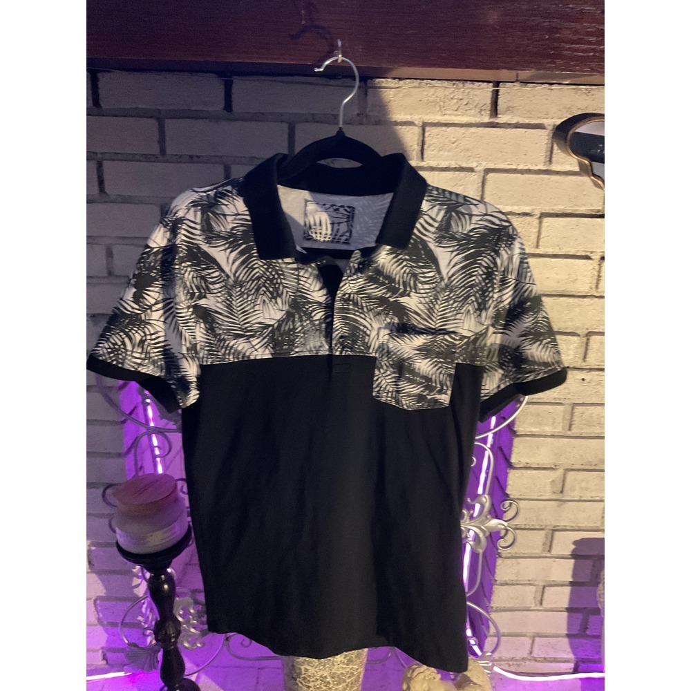 Express Mens Polo Shirt Medium Black White Tropical Palm Leaf Moisture Wicking